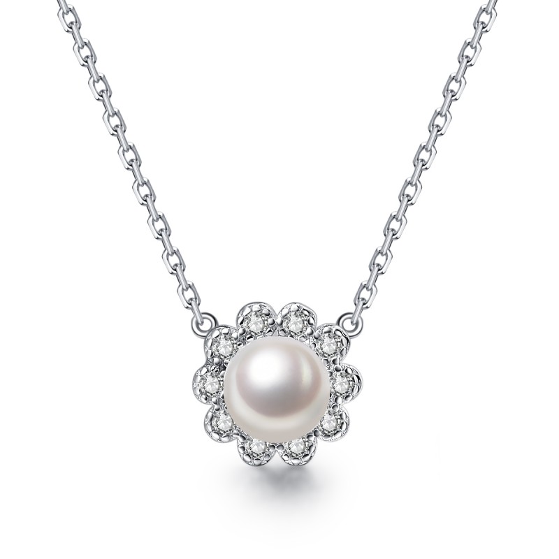 FINEFEY Sterling Silver CZ Pearl Flora Necklace fo...