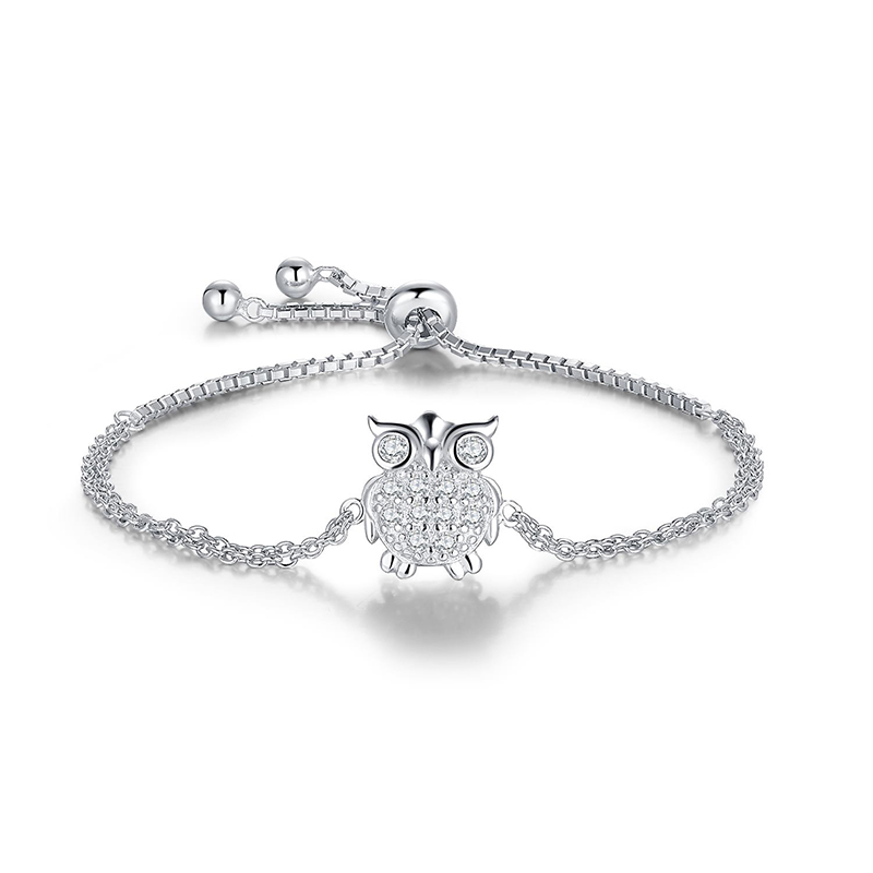 925 Sterling Silver Owl  White  Zircon Adjustable Bracelet