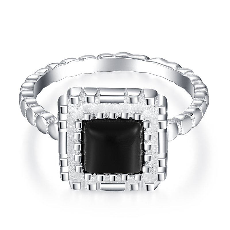 925 Sterling Silver Princess Cut Black Zircon Ring