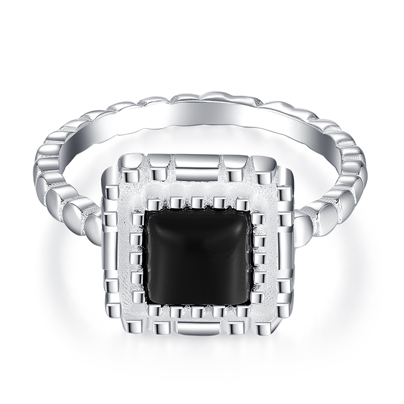 925 Sterling Silver Princess Cut Black Zircon Ring