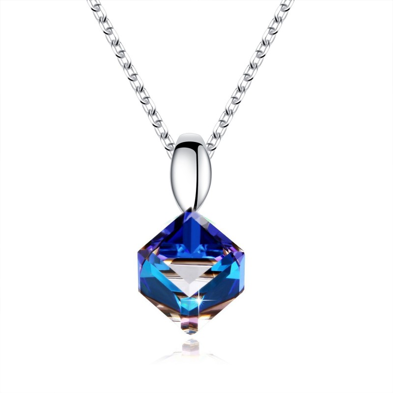 FINEFEY Sterling Silver Blue Cube Swarovski Neckla...