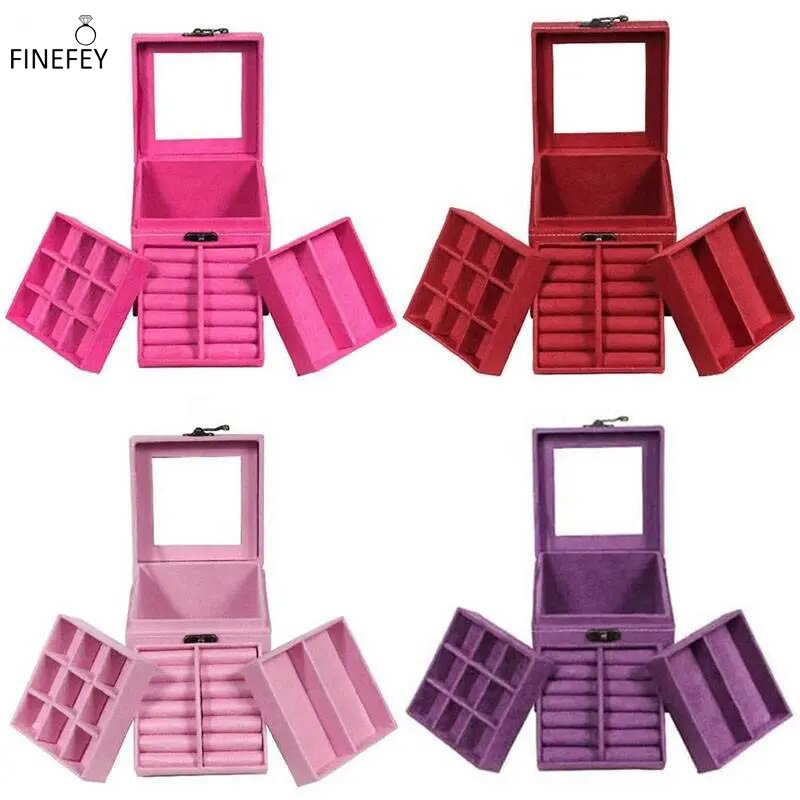 FINEFEY Blue Green Red Pink Purple Velvet Jewelry Organizer Case Storage Box 