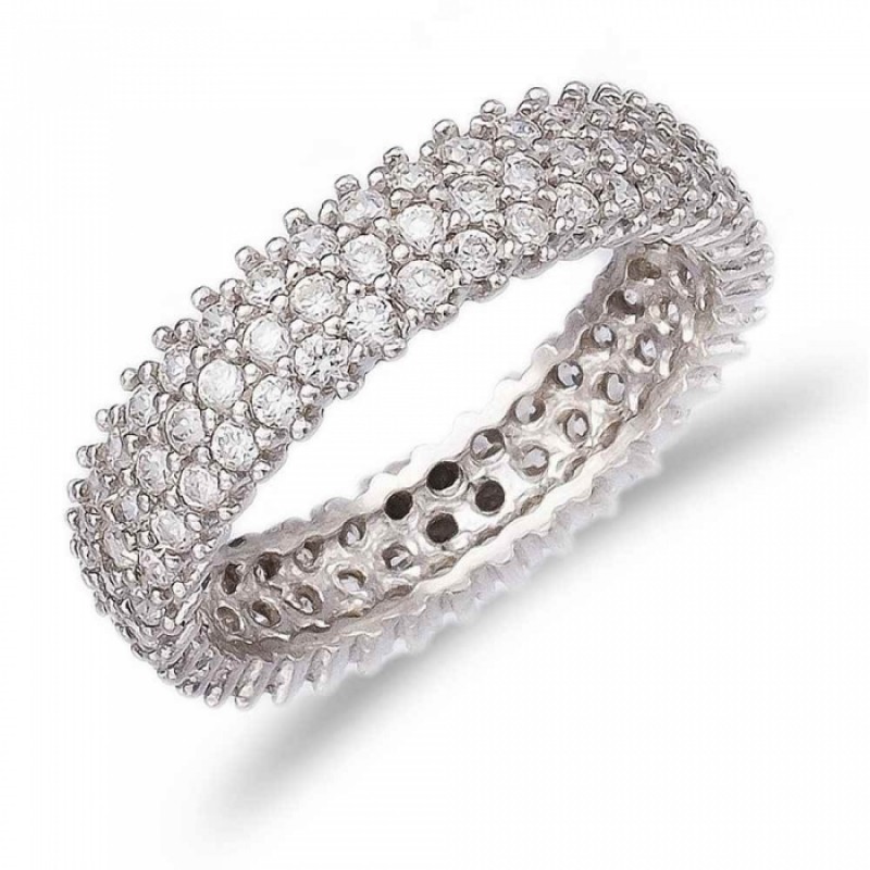 FINEFEY Sterling Silver Zircon Three Rows Pave Rin...