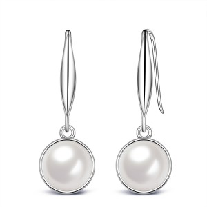FINEFEY Sterling Silver with whilte Zirconia Hook Pearl Earrings For Women Girls 7MM