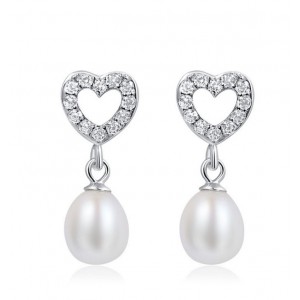 FINEFEY Sterling Silver Pearl with cubic CZ Heart Earrings Dangle For Women