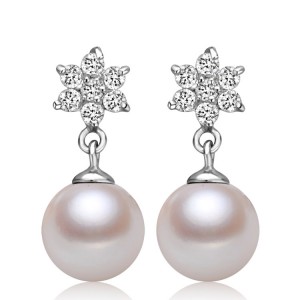 FINEFEY Sterling Silver Pearl with Cubic CZ Snowflake Earrings Dangle For Women 8 MM